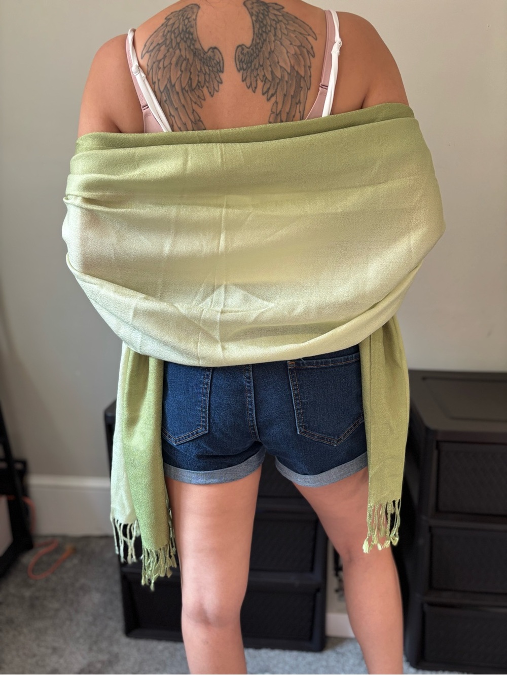 Vintage Fairy Garden Sage Green Ombre Pashmina Cashmere Boho Fringe Shawl